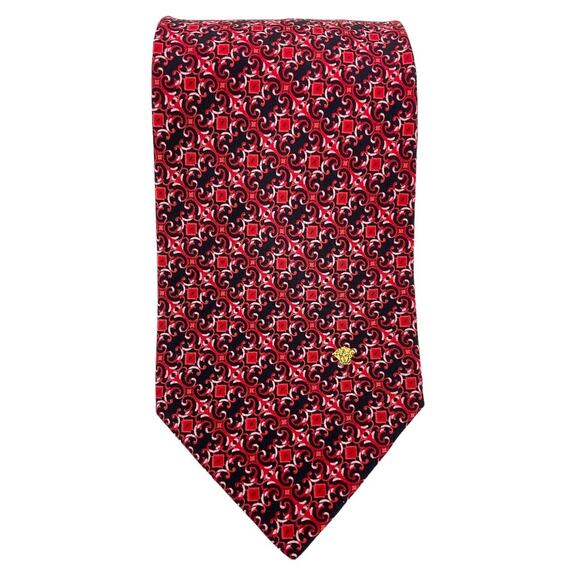 Versace Men’s 100% Silk Neck Tie Made in Italy Red Diagonal Striped Pattern - Picture 2 of 5